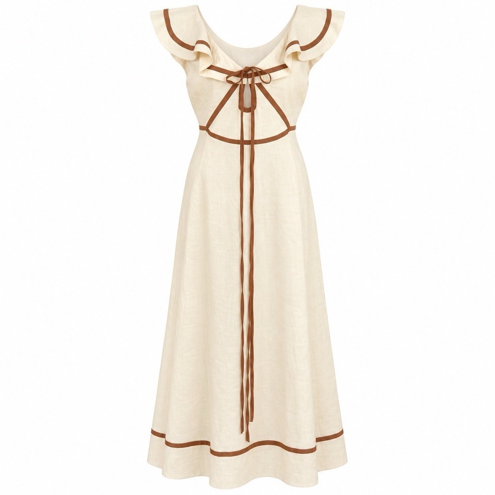 Antonio Melani MG Style Kurry Dress 18 Cream Brown Linen Blend Ruffle Midi NWT